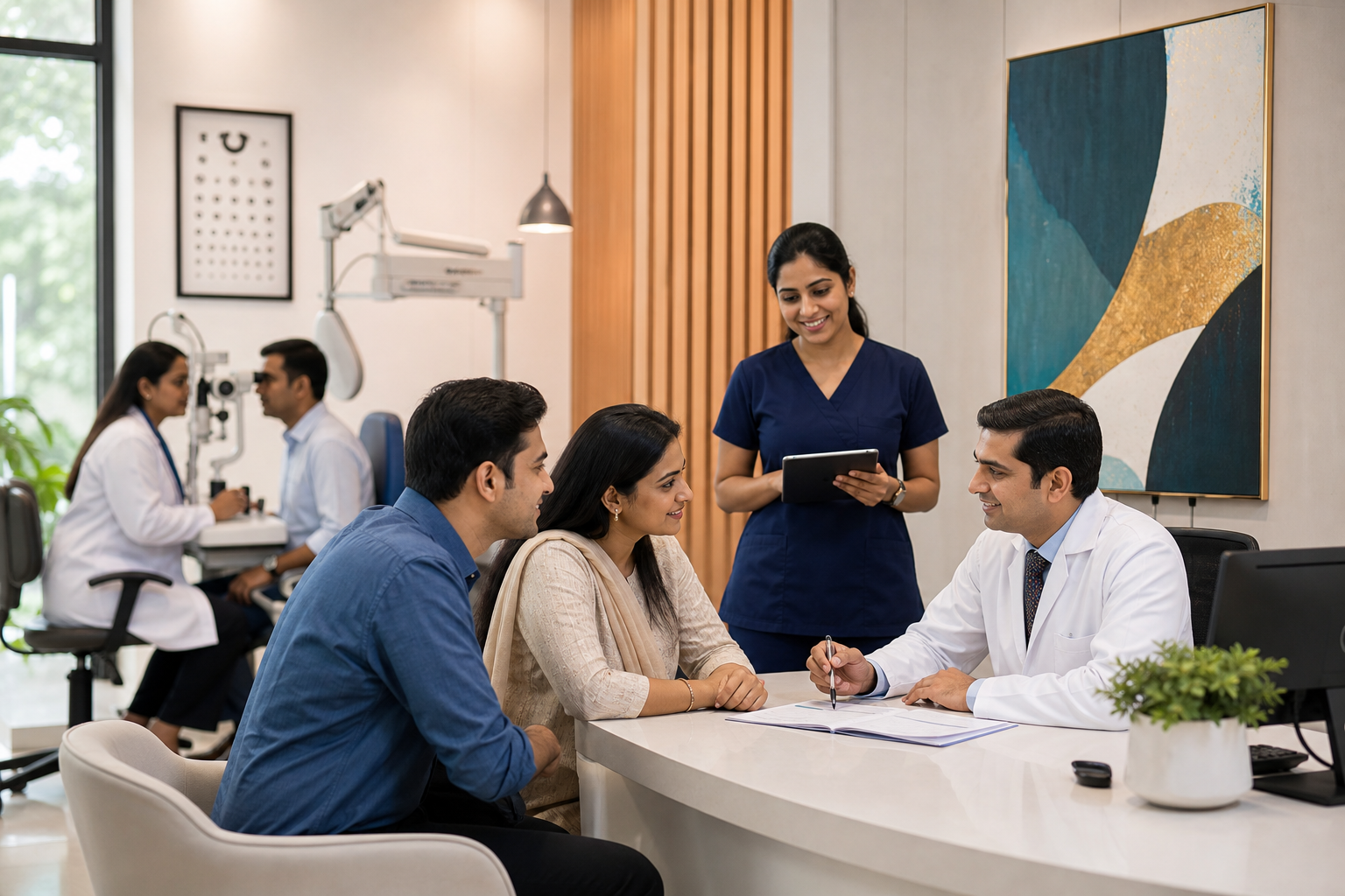 Indian eye hospital clinical team counselling a family