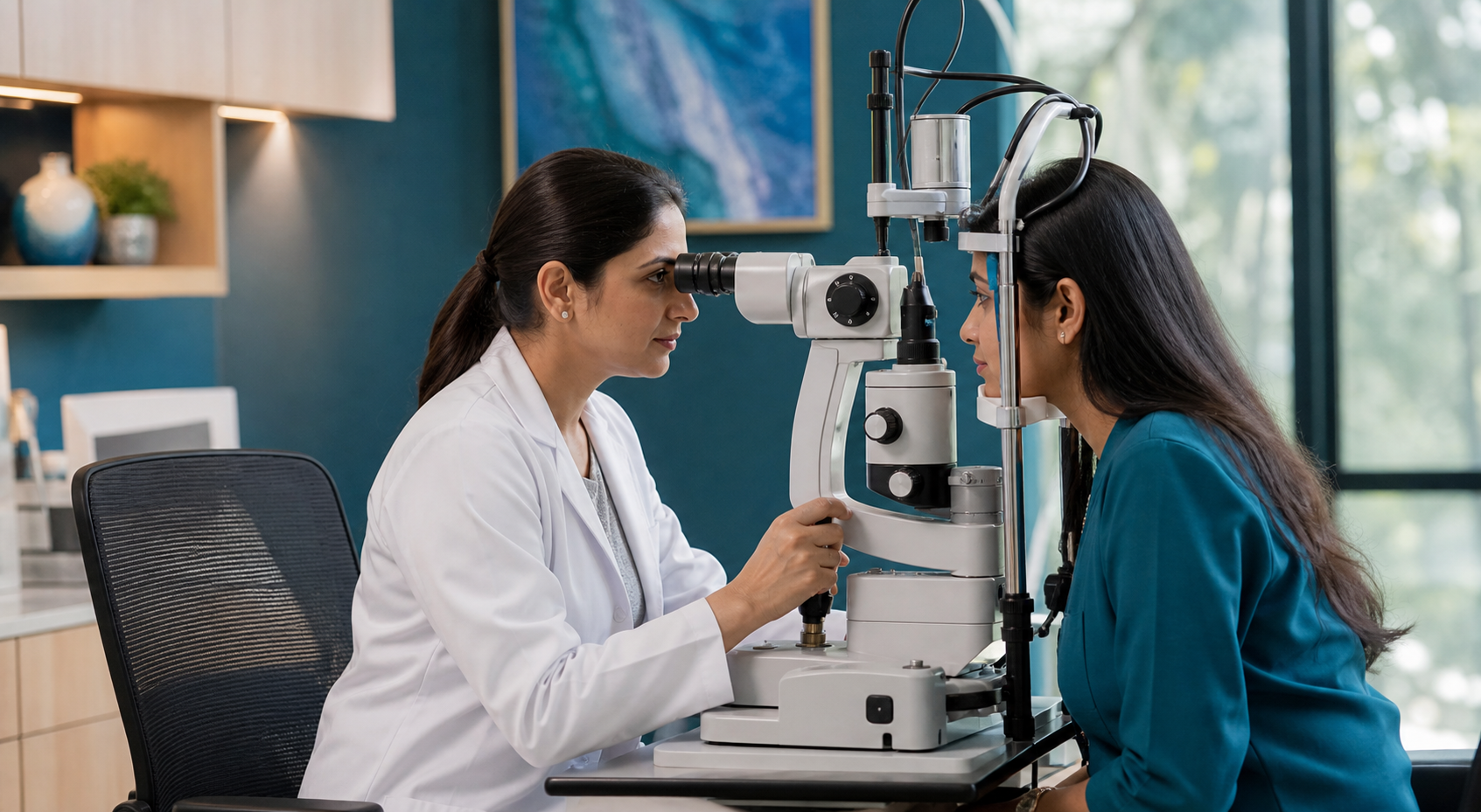 Indian ophthalmologist examining a patient with slit lamp equipment