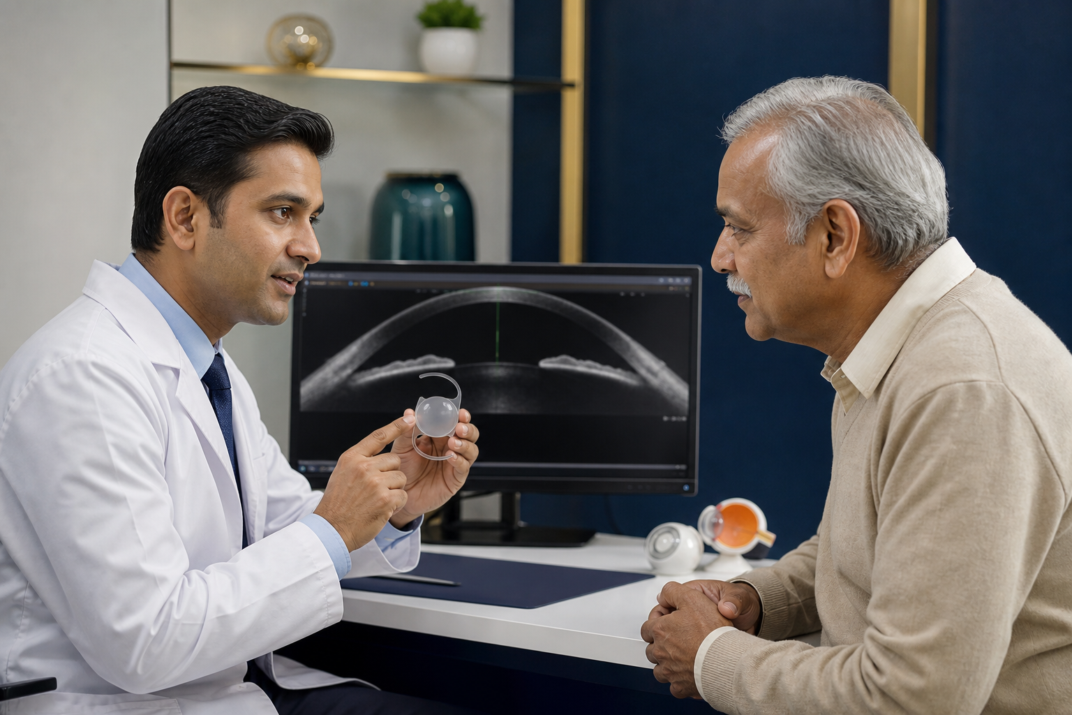 Doctor explaining cataract lens replacement options